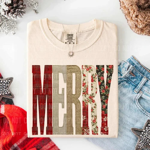 Merry Faux Fabric Patchwork Sweatshirt or T-Shirt