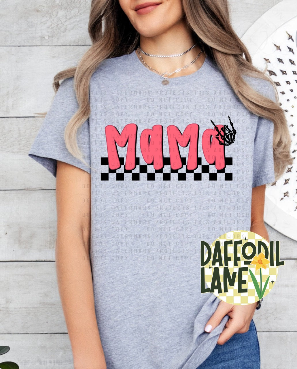 Mama Skeleton Hand Pink Blue Grunge Matching T-Shirt